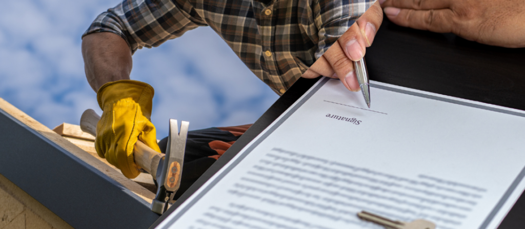 Property owner reviewing documents while considering the different roles of a public adjuster and contractor.